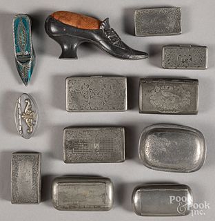 Collection of pewter snuff and patch boxes