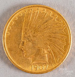 1907 ten dollar Indian Head gold eagle coin.