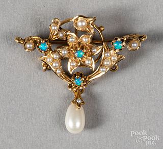 18K gold, pearl and opal brooch