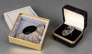 Silver, Onyx & Marcasite Brooch & Ring, 2 Pcs.
