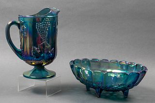 Iridescent Blue Carnival Glass Pitcher & Bowl, 2