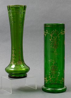 Venetian Gilt Enameled Green Glass Vases, 2