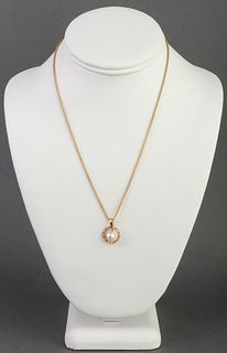 14K Yellow Gold Pearl Pendant W Silver Necklace