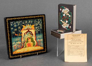 Russian Hand Painted Lacquered Box & Cards, 3