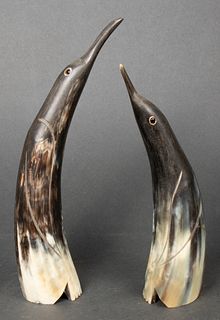 Carved Horn Penguin Sculptures, 2