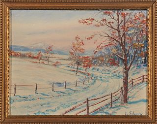 L. Sylvester Folk Art Winter Scene Oil on Board