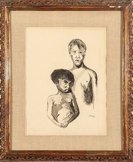 Manus Signed "Two Children" Watercolor on Paper