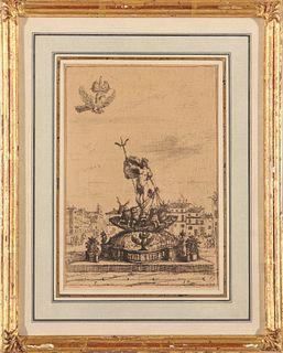 Antique King Neptune Fountain Etching on Paper