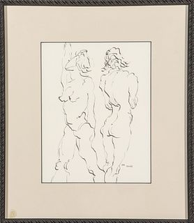 Eva Sachs "Two Women" Ink Drawing