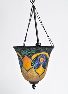 Reverse Hand-Painted Glass Pendant Light, Signed