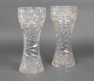 Cut Crystal Floral Decorated Vases, Pair