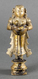 Indian Bronze Hindu Lakshmi Figural Oil Lamp, 19c.