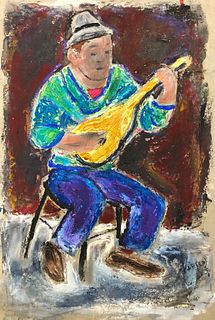 M Carter 20" x 13" approx oil on cardboard, Man Playing