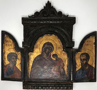 Antique TRIPTYCH Folding Orthodox Greek Religious Icon
