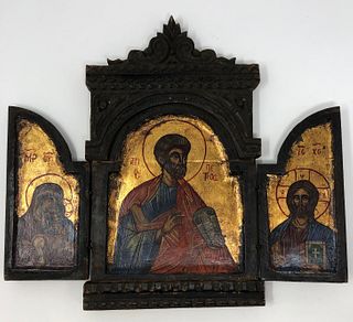 Antique TRIPTYCH Folding Orthodox Greek Religious Icon
