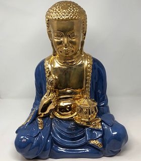 Asian Gilt / Blue Color Porcelain Sitting Buddha Statue