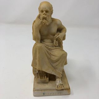 Greek statue, robed philosopher in chair, contemplating