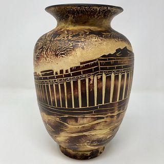 Greek vase, ceramic with ornate raised engraved scene
