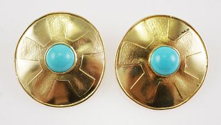 Pair 18K Yellow Gold Turquoise Earrings