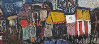 Circus Midway, 1949, Gouache, Signed Illegible