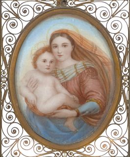 19C Miniature MADONNA & CHILD Portrait on Ivory