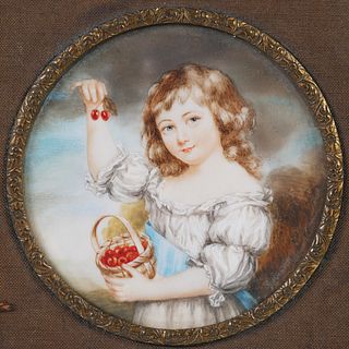 19C Miniature Portrait of Girl with Cherries