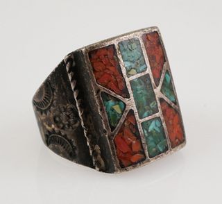 Vintage Navajo Sterling Inlay Coral Turquoise Ring