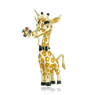 Enamel and Multi-Colored Gemstone Giraffe Brooch