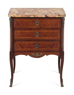 A Louis XV Style Metal Mounted, Tulipwood Veneered Breche d'Alep Marble-Top Commode