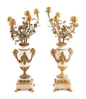 A Pair of Louis XV Style Gilt Bronze Mounted White Marble Five-Light Candelabra