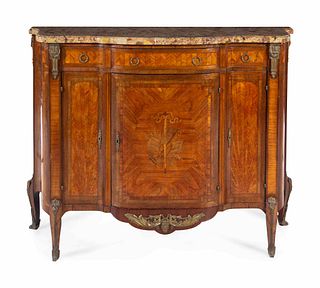 A Louis XV/XVI Transitional Style Parquetry and Marquetry Breche d'Alep Marble-Top Cabinet