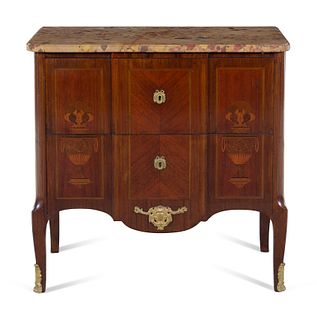 A Louis XV/XVI Transitional Style Sans Traverse Marquetry Breche d'Alep Marble-Top Commode
