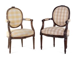 A Louis XVI Beechwood Fauteuil and a Louis XVI Style Walnut Fauteuil