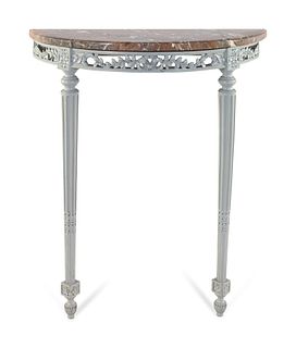 A Louis XVI Style White-Painted Marble-Top Demilune Console Table