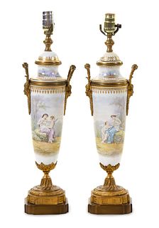 A Pair of Gilt Bronze Mounted Sevres Style Porcelain Urns