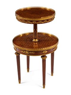 A Napoleon III Style Gilt Bronze Mounted Parquetry Two-Tier Table
