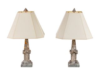 A Pair of Weathered Cast Stone Obelisks Mounted as Lamps