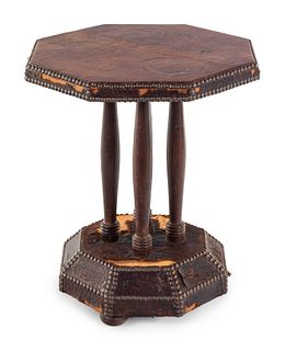 A Continental Leather and Nailhead Decorated Oak Side Table