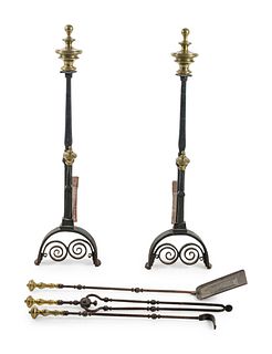 A Pair of Baroque Style Brass and Iron Andirons