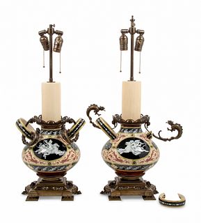 A Pair of Italian Metal Mounted Majolica Table Lamps