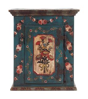 A Continental Iron Mounted Painted Pine Table Cabinet