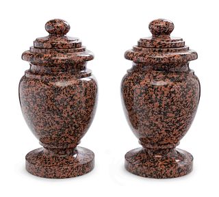 A Pair of Carved Marble Covered Urns
