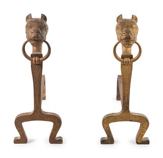 A Pair of Continental Brass and Iron Figural Andirons