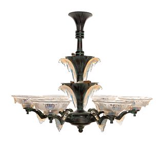A French Frosted Glass and Patinated Metal "Icicle" Chandelier in the Manner of Ezan