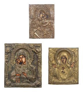 Three Russian Brass Oklad Mother and Child Icons
