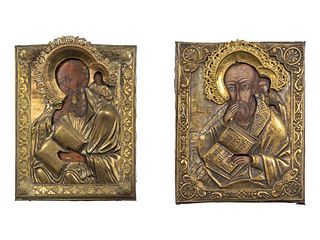 Two Brass Oklad Decorated Icons of Saint Christopher