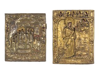 Two Russian Brass Oklad Icons: Exaltation of the Cross and Ascension of Christ