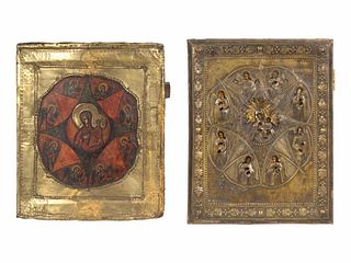 Two Russian Brass-Oklad Burning Bush Mandala Icons