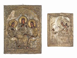 Two Russian Brass Oklad Icons: The Holy Trinity  and  Mother and Child