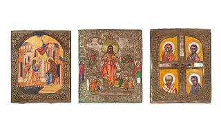 Three Russian Brass Oklad Mounted Polychrome Painted Icons